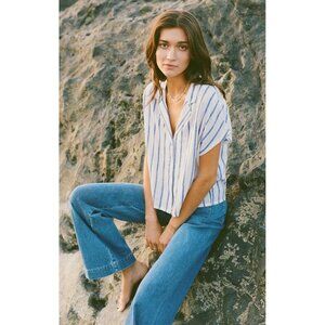 Z Supply Blue & White Striped Cropped Linen Blouse Large